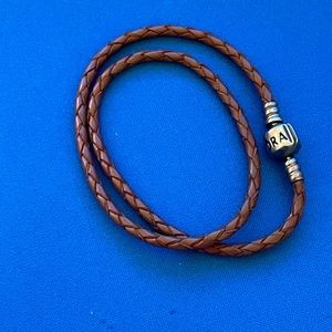 Pandora leather braided bracelet. Brown leather, 13.5” long, double wrap.